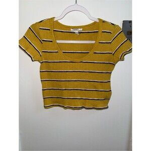 Forever 21 Mustard Striped Ribbed Scoop-Neck Crop Top